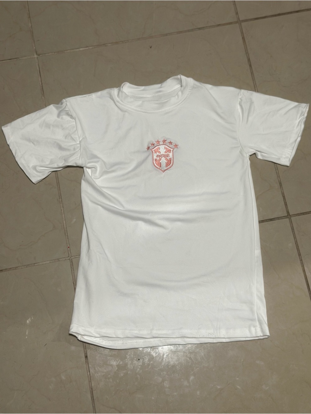 Brazil White Crewneck Tee with Pink Crest Embroidery